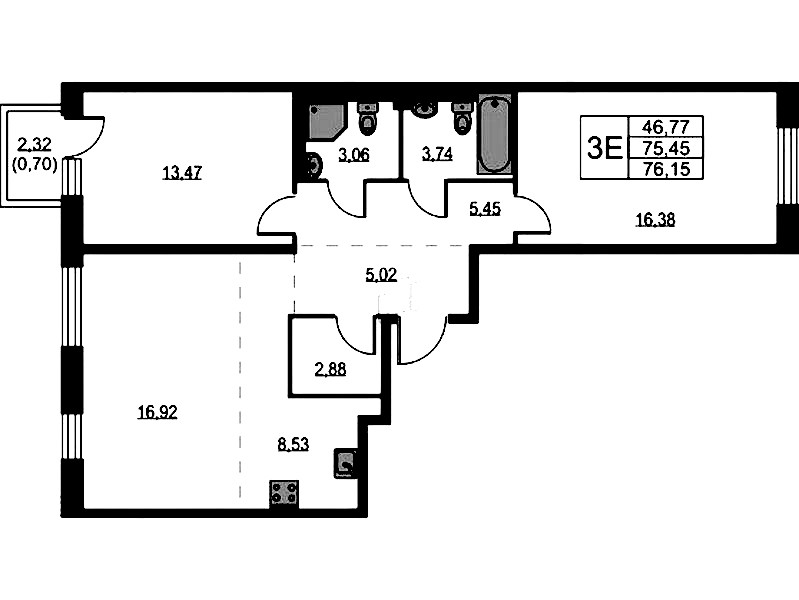 2-комнатная квартира 76.15 м², 2/9 эт., ЖК «Квартал Лаголово»